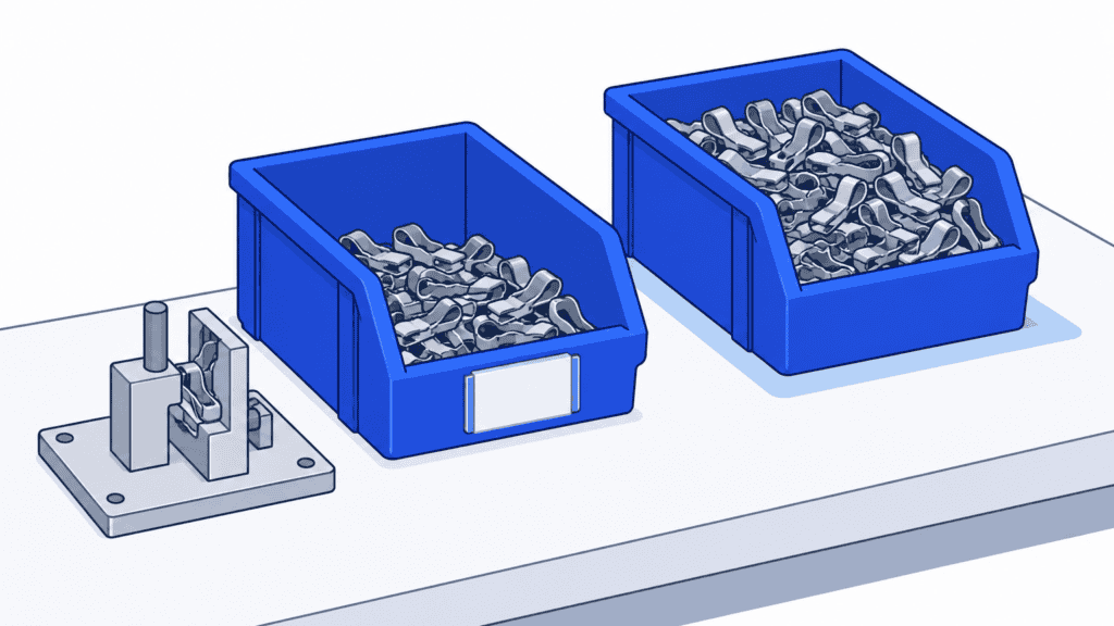 Two equal parts bins hold assembly clips: one supplies the workstation while the full second bin waits in reserve.