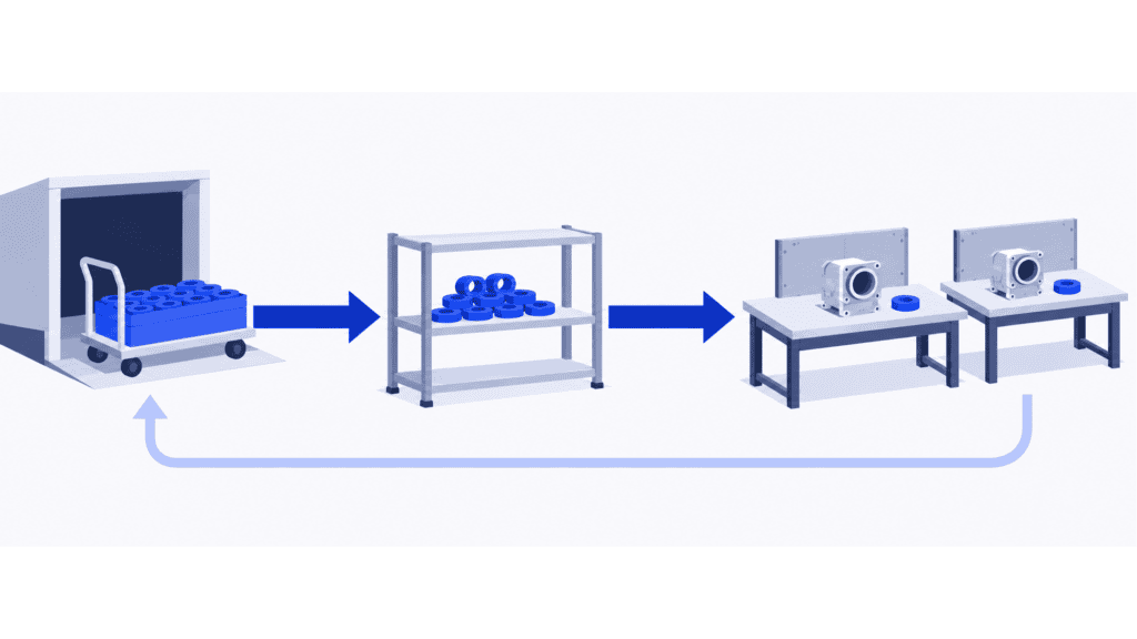 Supplier cart, shared stock of blue fittings and two assembly benches connected by outgoing and return arrows.