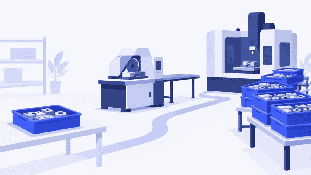 A waiting parts tray faces an idle cutting station and a downstream machining queue before release.