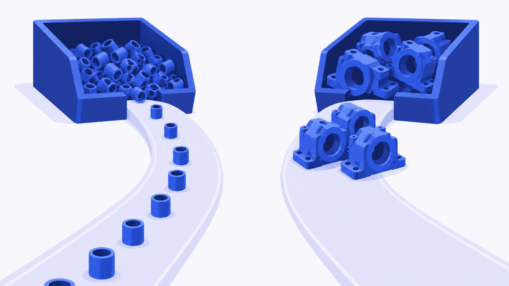 Regularly spaced sleeves and a clustered batch of housings illustrate contrasting consumption patterns for XYZ analysis.