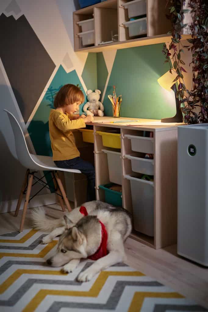 child playing in basement