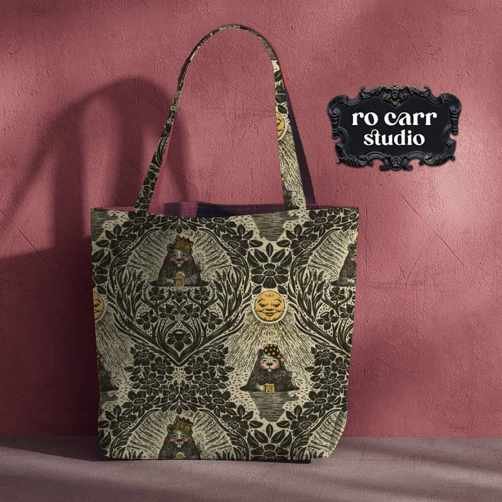 Tote bag mockup in the original yellow-black colorway.