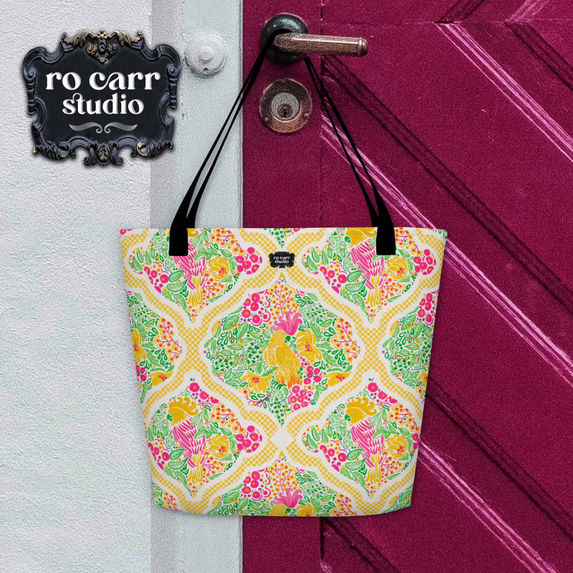Tote bag hanging on a doorknob, displaying fabric design, Preppy Palm Beach Garden Party