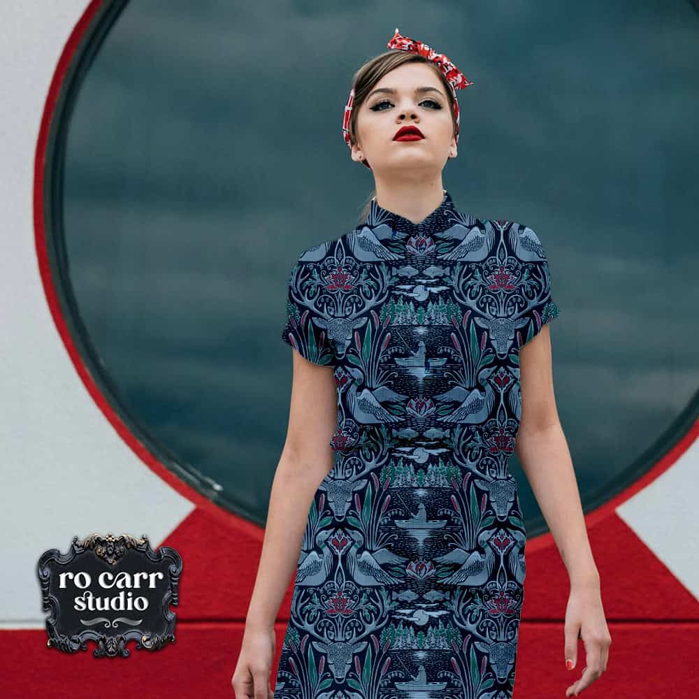 Mockup of dress printed with Fishing on Moonrise Lake.