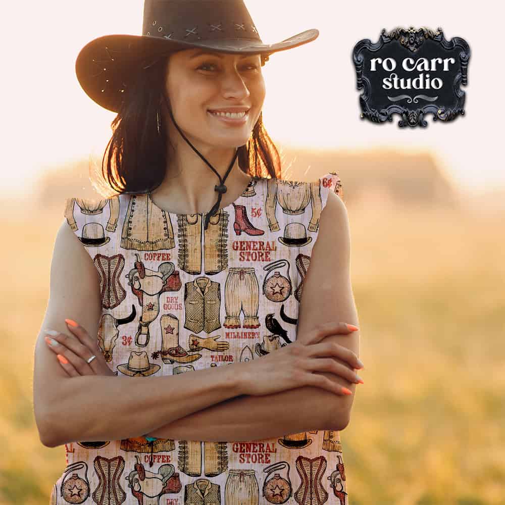 Old West General Store printed on a woman's tee shirt.