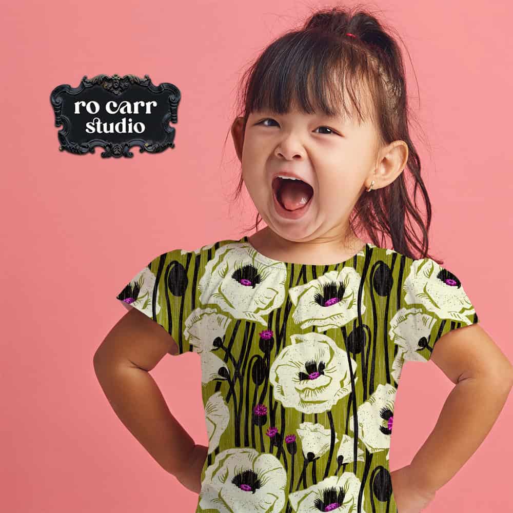 Poppy pattern in mockup of a child's tee shirt.