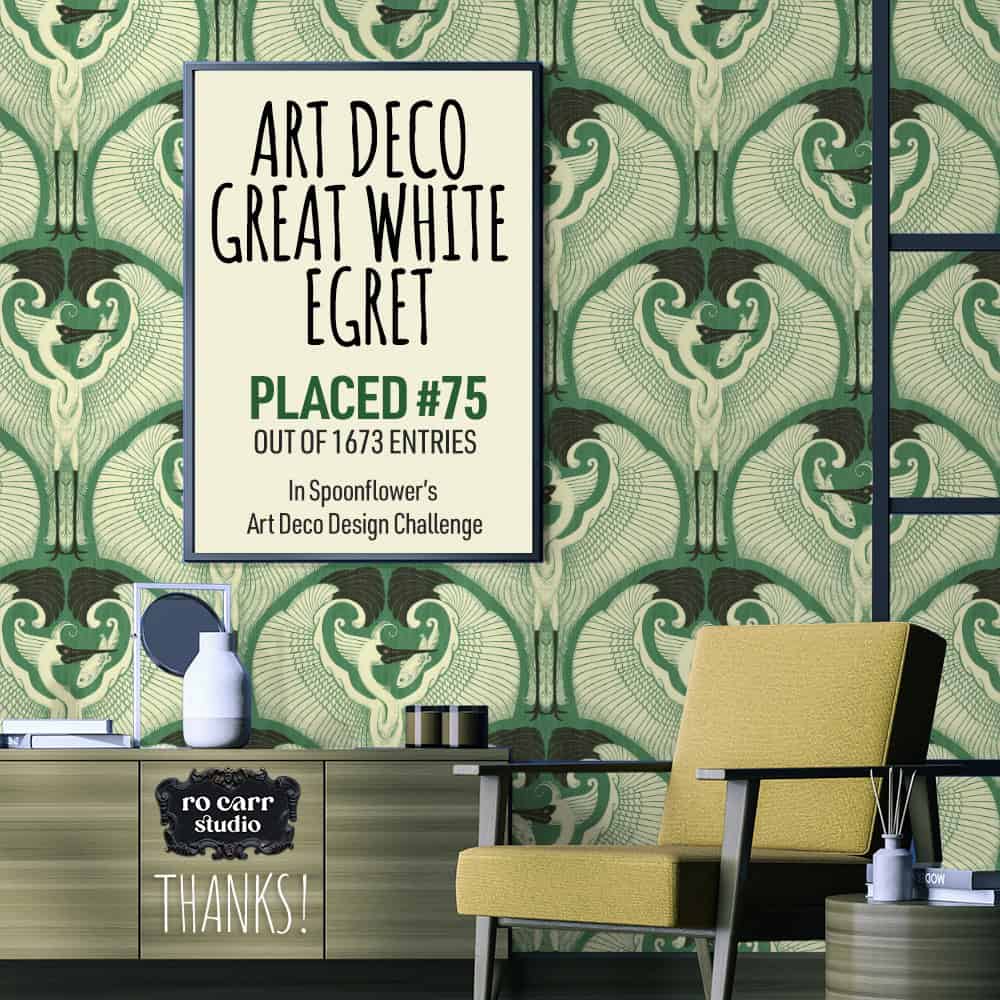 Art Deco Great White Egret placed 75 out of 1673 entries in Spoonflower's Art Deco design challenge.