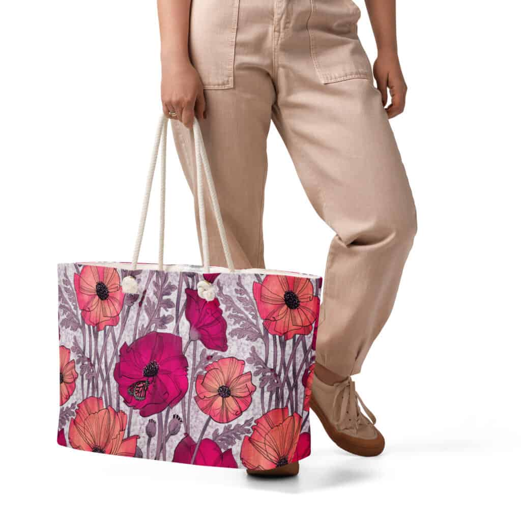 Winter Poppy Weekender bag, large tote, open on top with white rope handles.