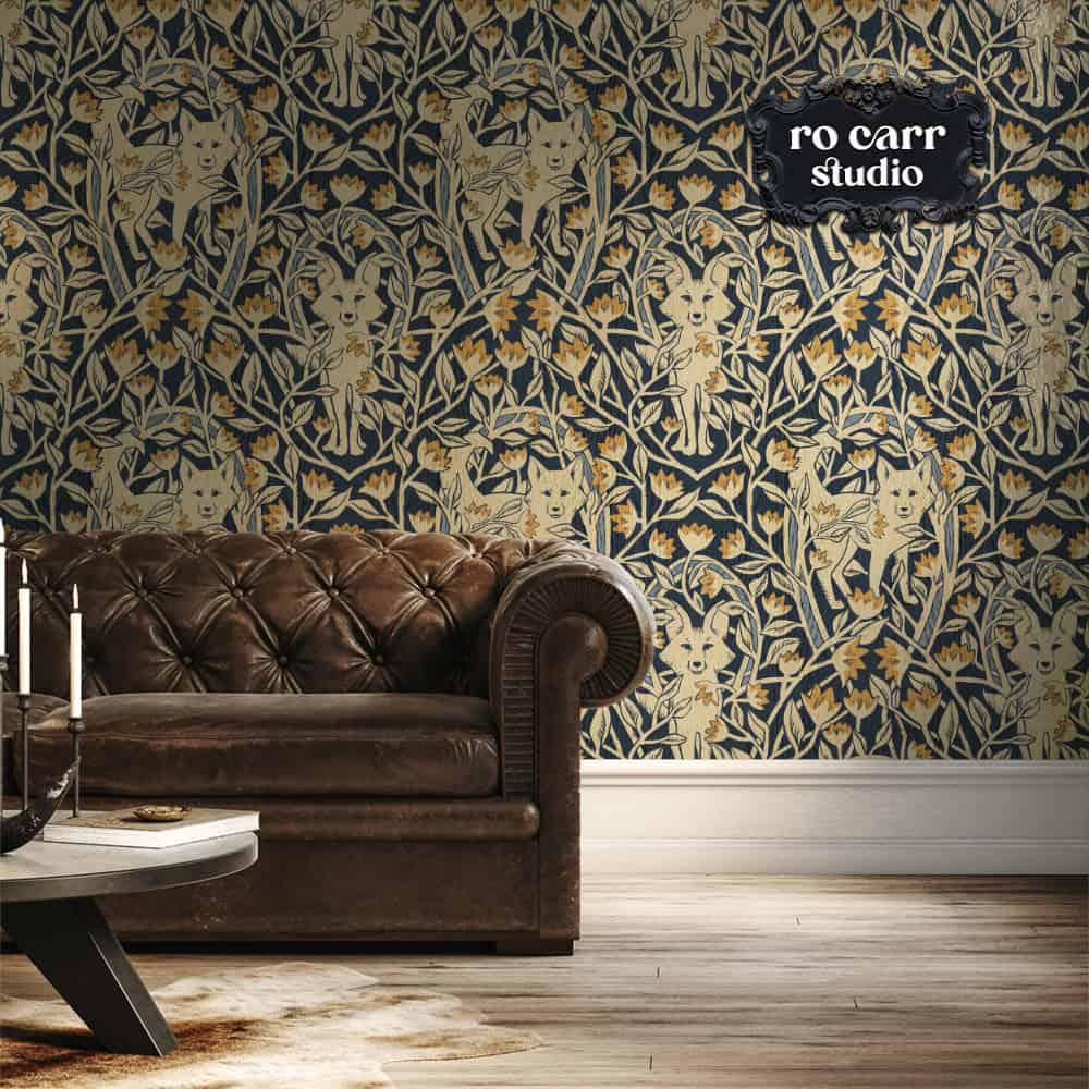 Wallpaper mockup of hunt club design in living room with traditional leather couch.
