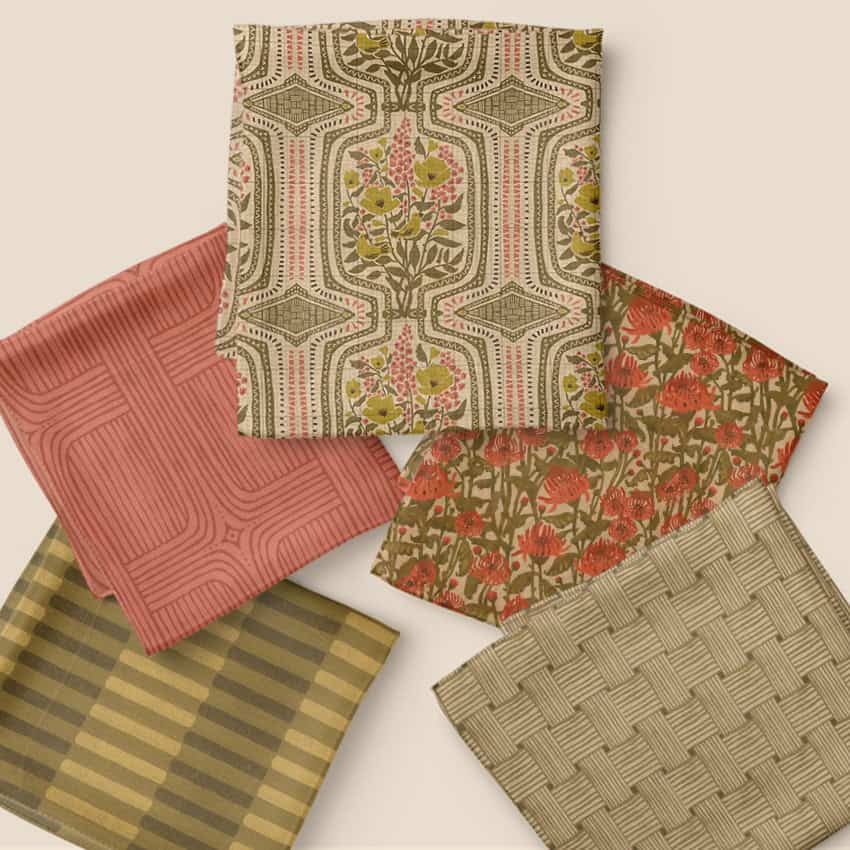 Folded fabric swatches displaying Refined Boho Terrarium collection.