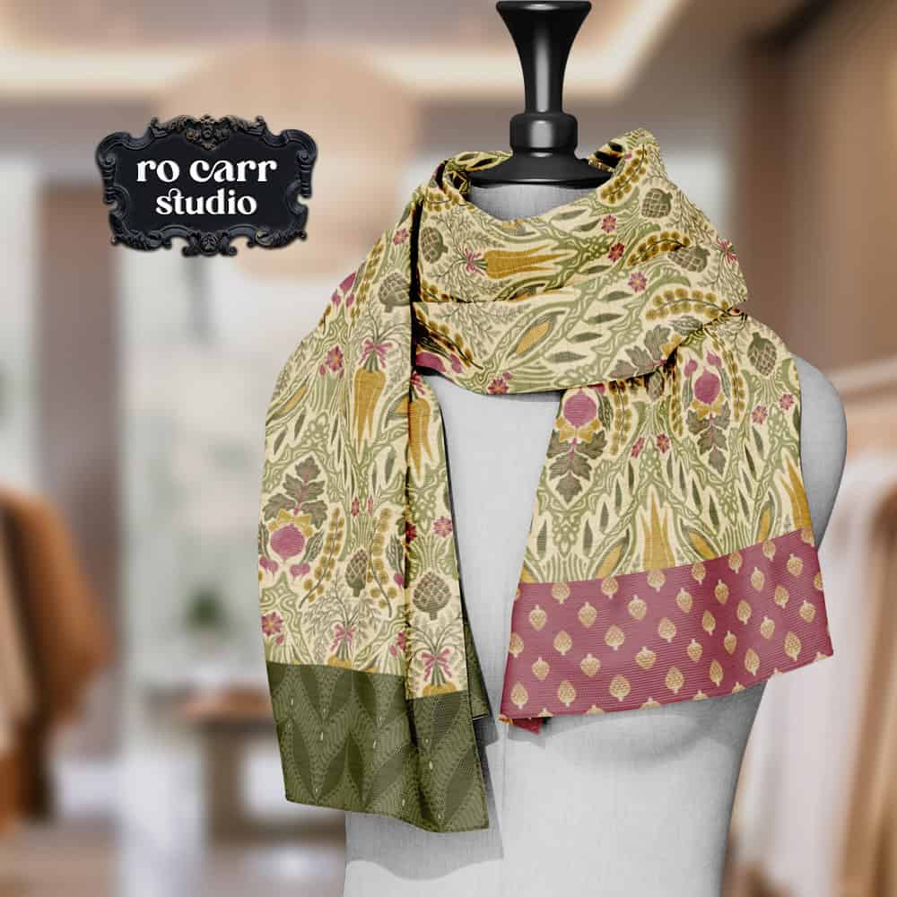 Vegetable print scarf with beets, carrots and artichokes in sage, blush and mustard tones.