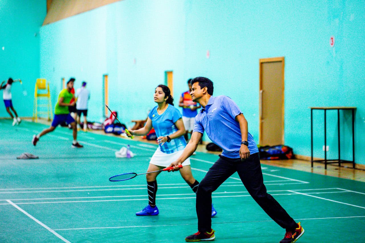 Badminton practice at Suchitra Badminton Academy.