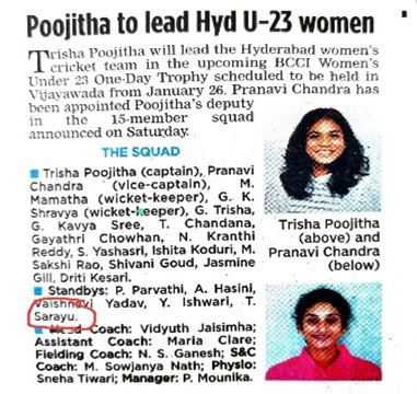Congratulations to Sarayu Thogara of Class XIB for being selected as a standby for the U-23 Telangana State Cricket team!