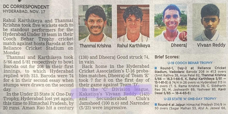 18th November 2025:Vivaan Reddy Recognised in Deccan Chronicle for Exceptional Cricket Feat