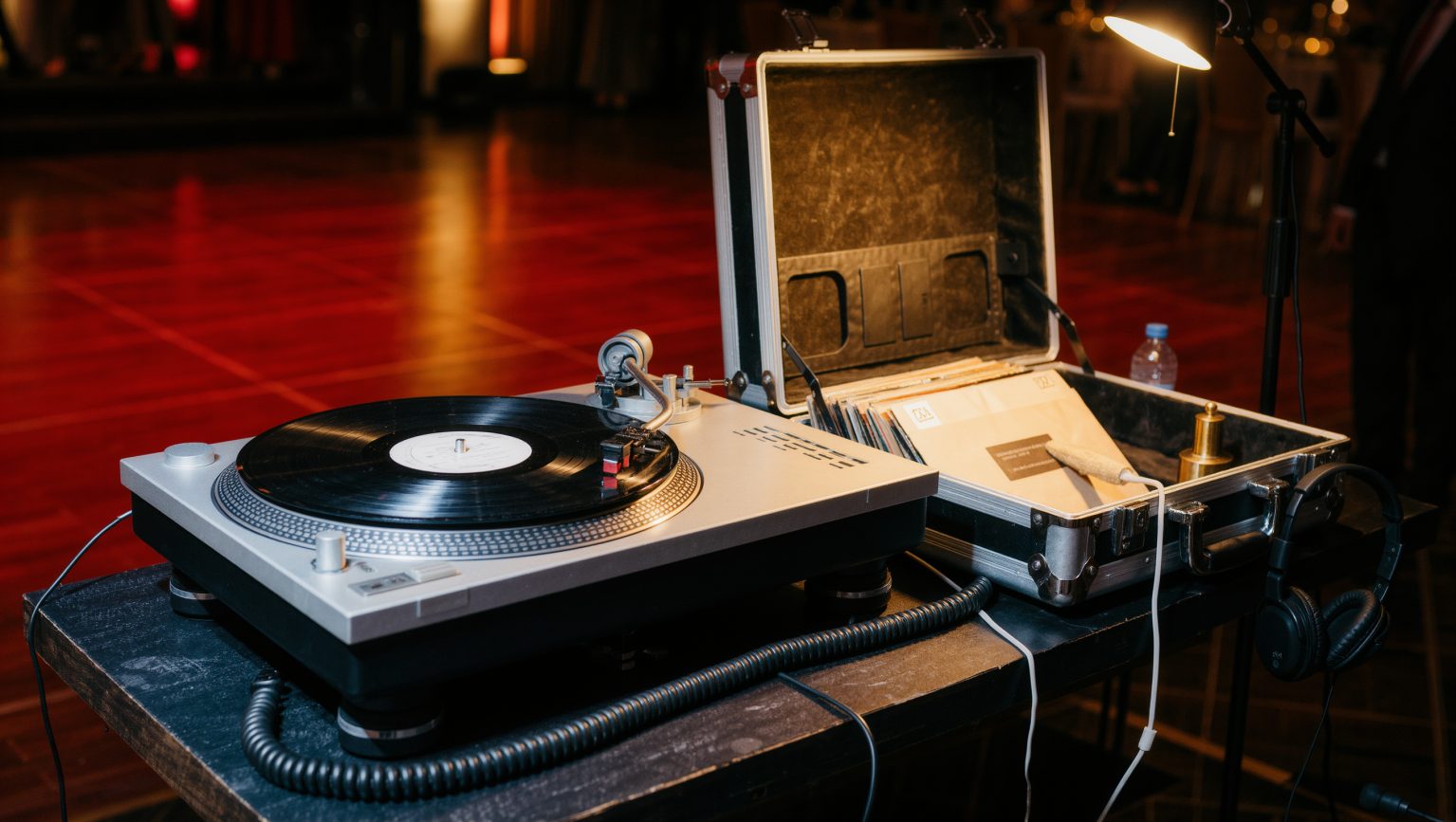 A turntable on a heavy isolated stand with a record turning and flight cases of sleeves beside it, headphones hung on the case, the red-lit floor still quiet behind.