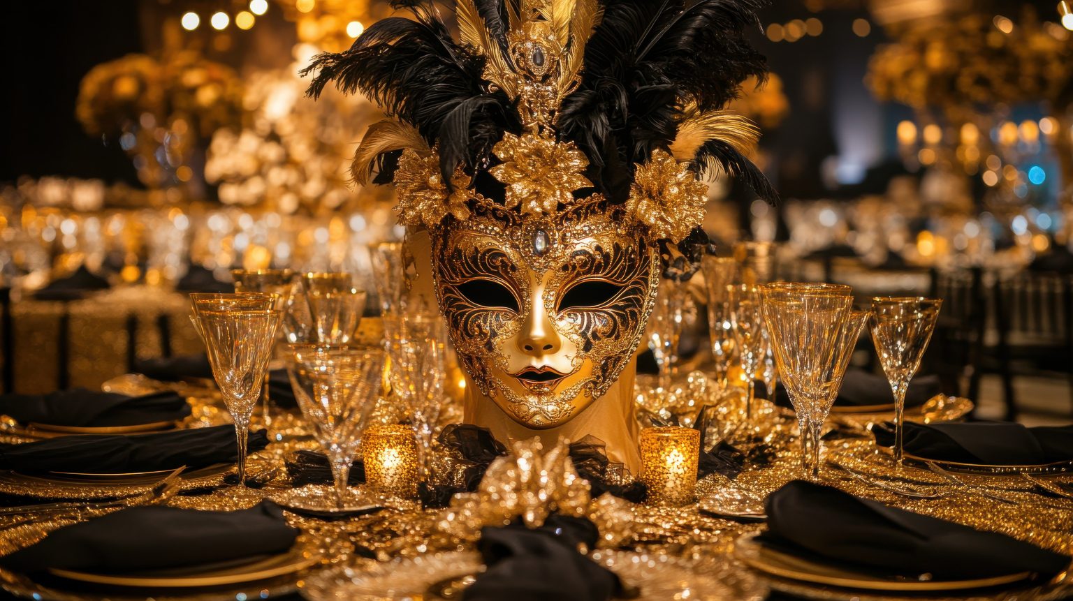 Glamorous masquerade table with gold and black accents
