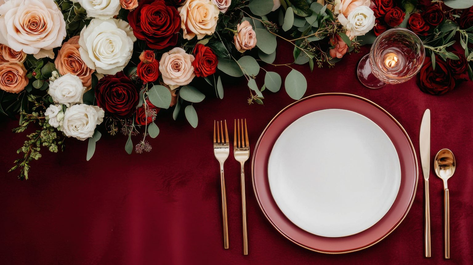 Table setting with a rose arrangement on a burgundy tablecloth