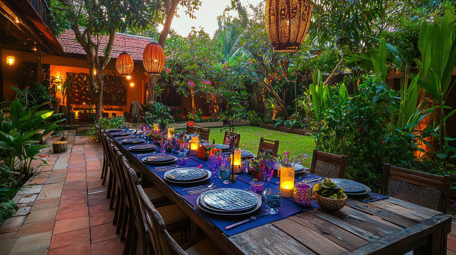 Long garden-party table set at sunset