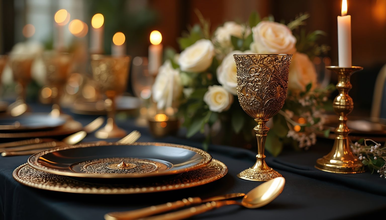 Black plates, gold cutlery, ornate goblets, white roses, and candles on a luxury dinner table