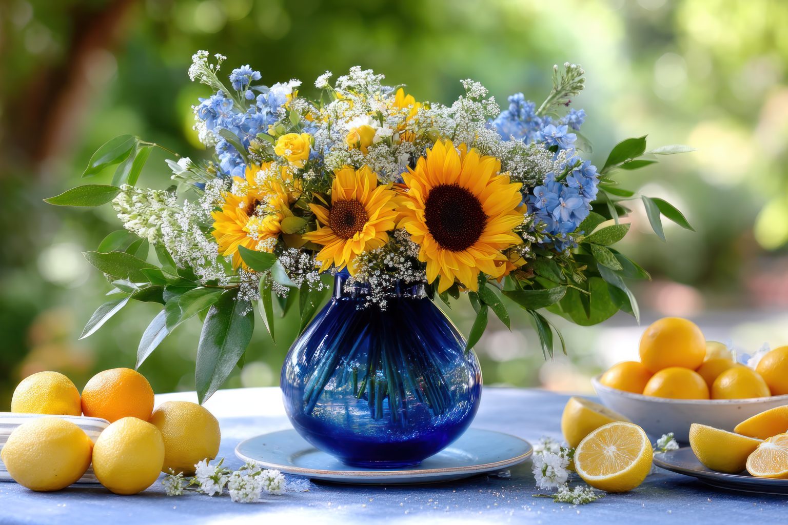 Summer sunflower arrangement in a blue glass vase