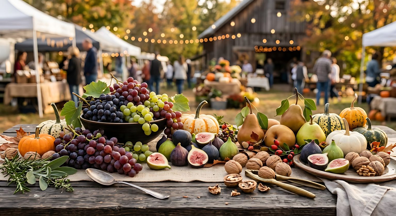 Grapes, figs, pears, and mushrooms displayed on a rustic wooden table