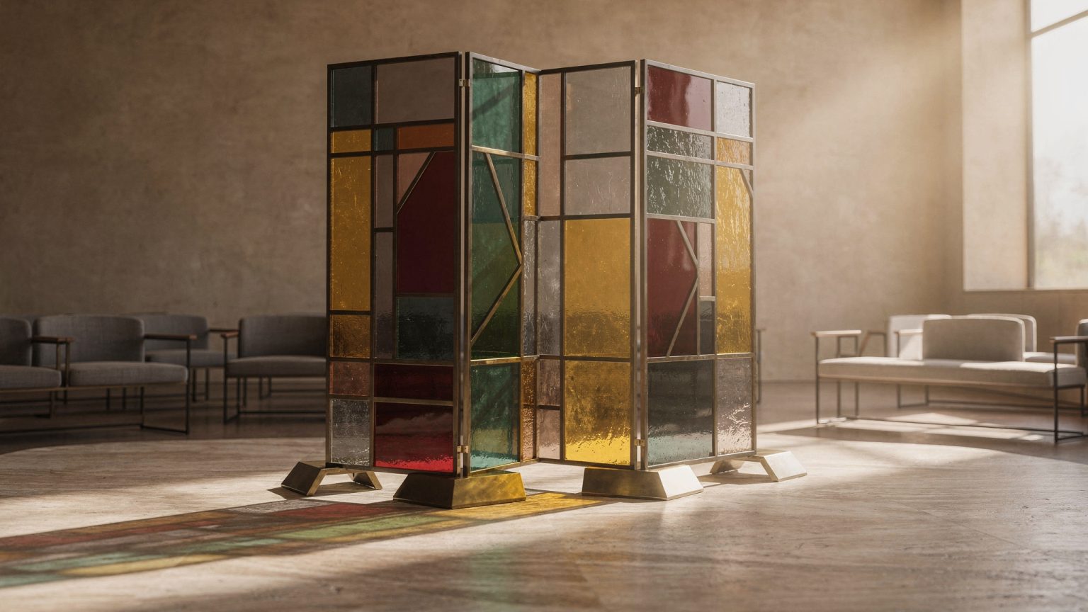 Freestanding stained-glass-inspired panels supported in a ceremony space, casting colored light across the floor while preserving clear sightlines.