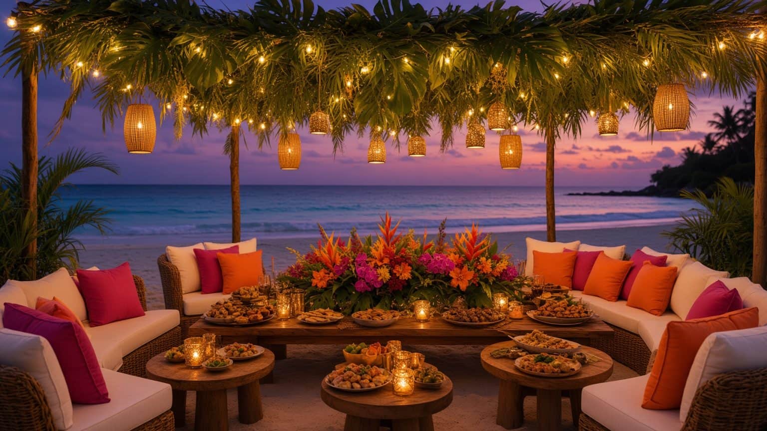 Wicker lounge sofas around platters and tropical flowers under hanging lanterns at sunset