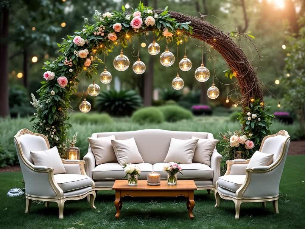Cream sofa and chairs under a curved floral arch hung with globe lights