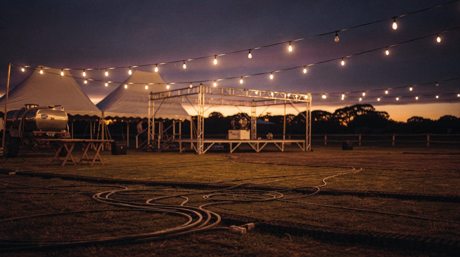 An outdoor festival site on a field at dusk: an aluminium truss stage and two white marquee peaks against a low amber sunset, long strings of festoon bulbs just switched on, a water bowser and trestles to one side, and cable runs looping across the grass.