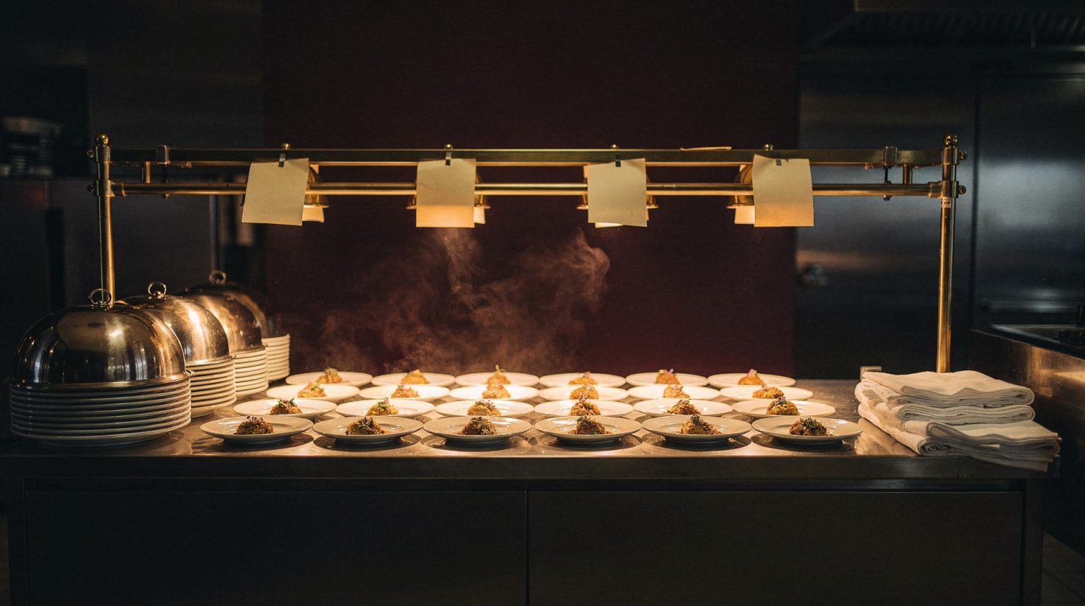 A catering pass mid-service: rows of identical plated dishes lined up on a stainless steel counter under warm heat lamps, steam rising, stacked silver cloches and folded service cloths at each end, and a brass ticket rail holding blank paper slips.
