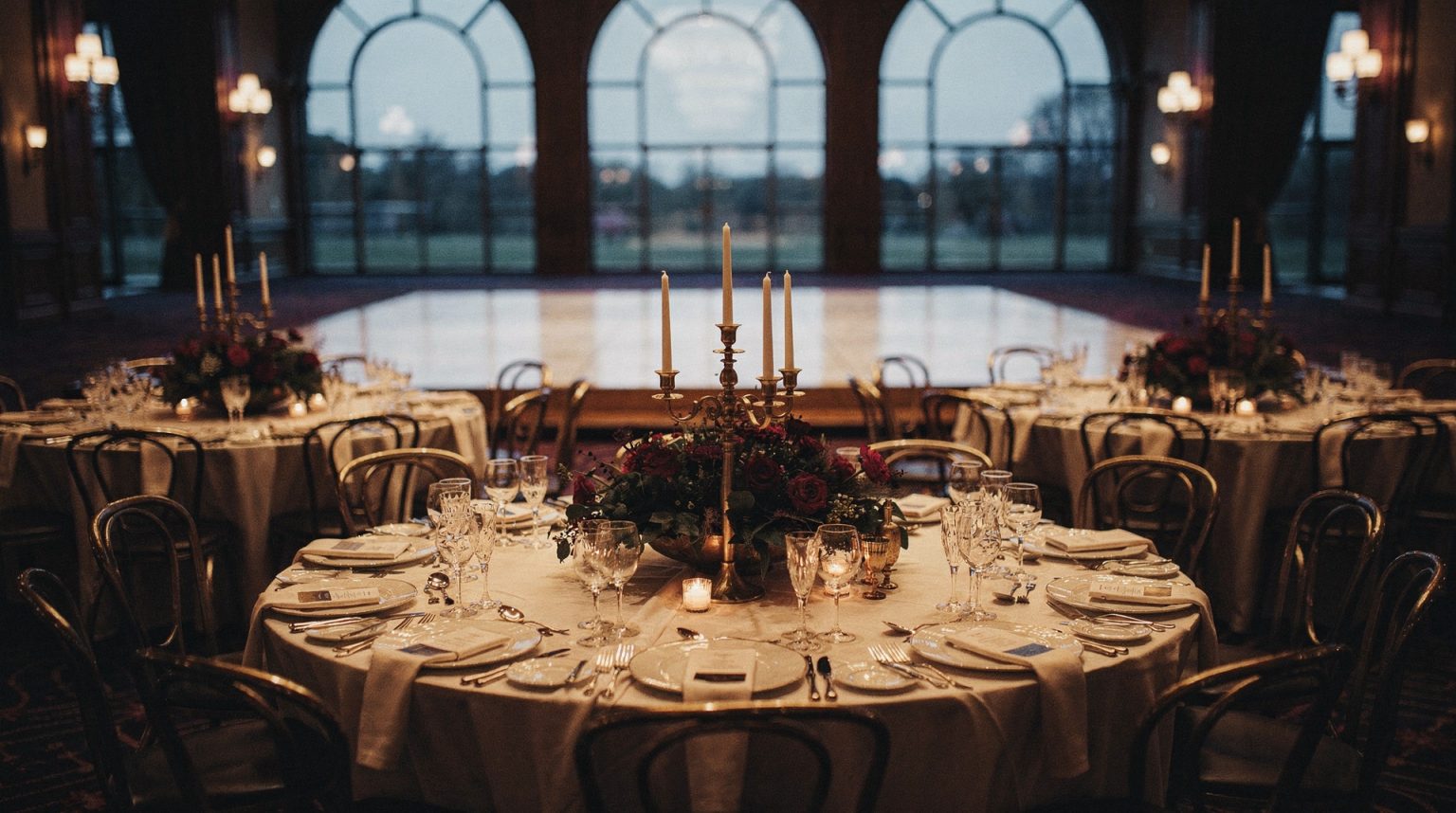 A wedding reception room laid before guests arrive: round tables in bone linen with dark red garden roses and tall brass candelabra, bentwood chairs pushed in, a bare dance floor at the centre, and a wall of tall arched windows showing a dusk landscape.