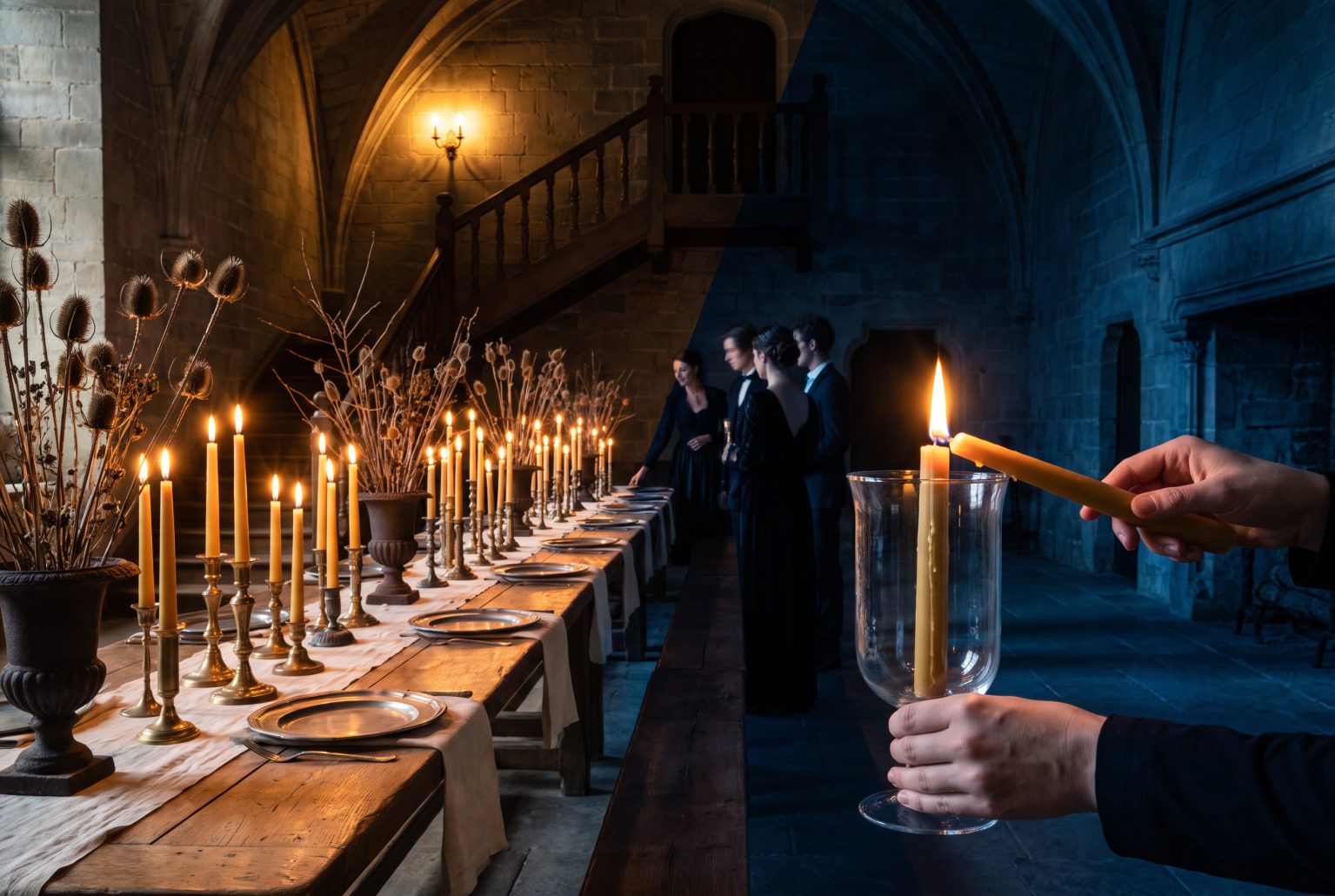 A lit beeswax taper touches an unlit wick mid-pass, splitting the refectory table into a bright half of flame and a dark half still waiting.