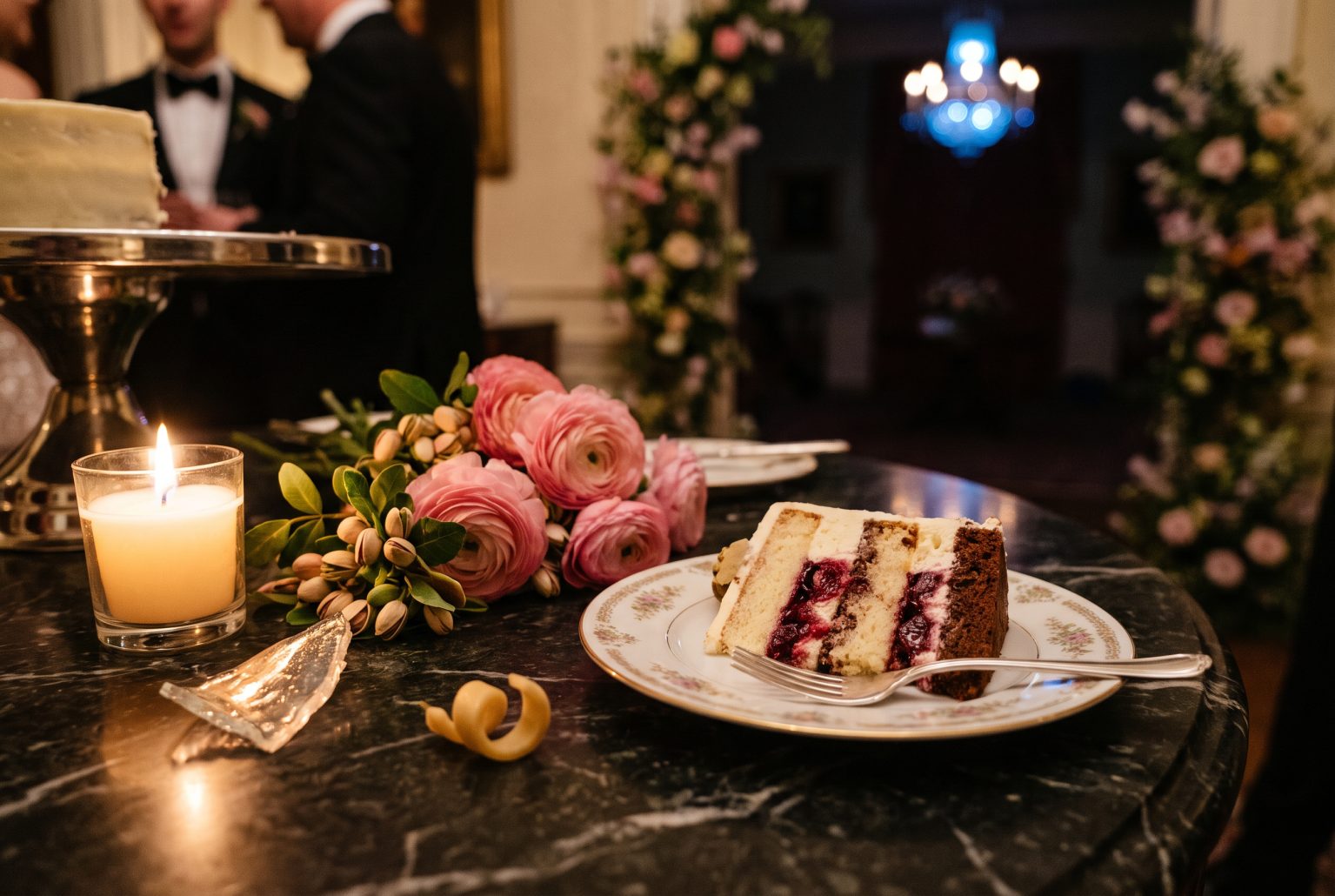 A porcelain plate holds a sliced tiered cake in cross-section with buttercream, cherry compote and chocolate layers, a loose pink ranunculus resting beside it.