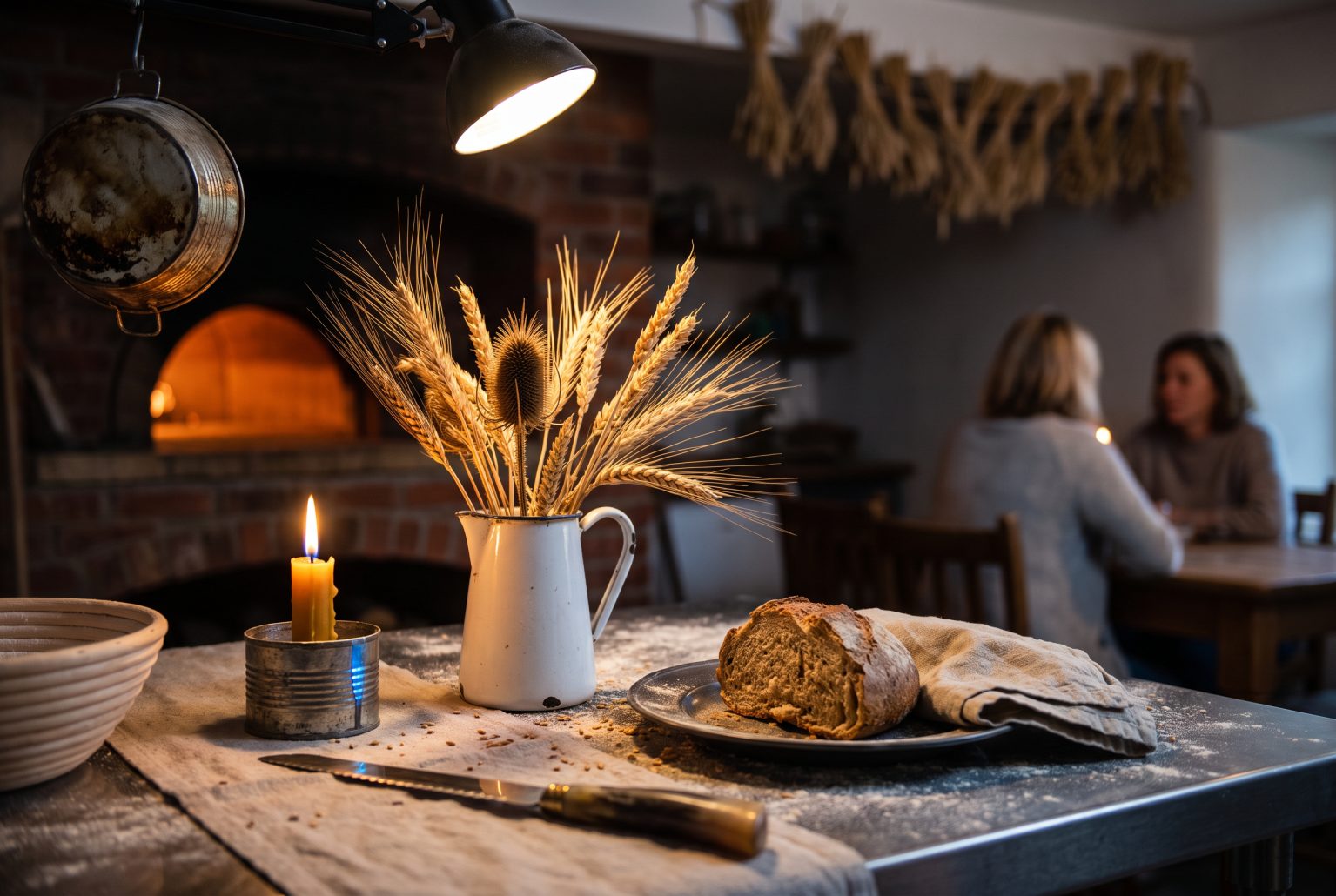 A close view of an enamel jug crowded with bearded wheat, barley, and dried teasel beside a torn heel of rye bread on a flour-dusted steel bench.