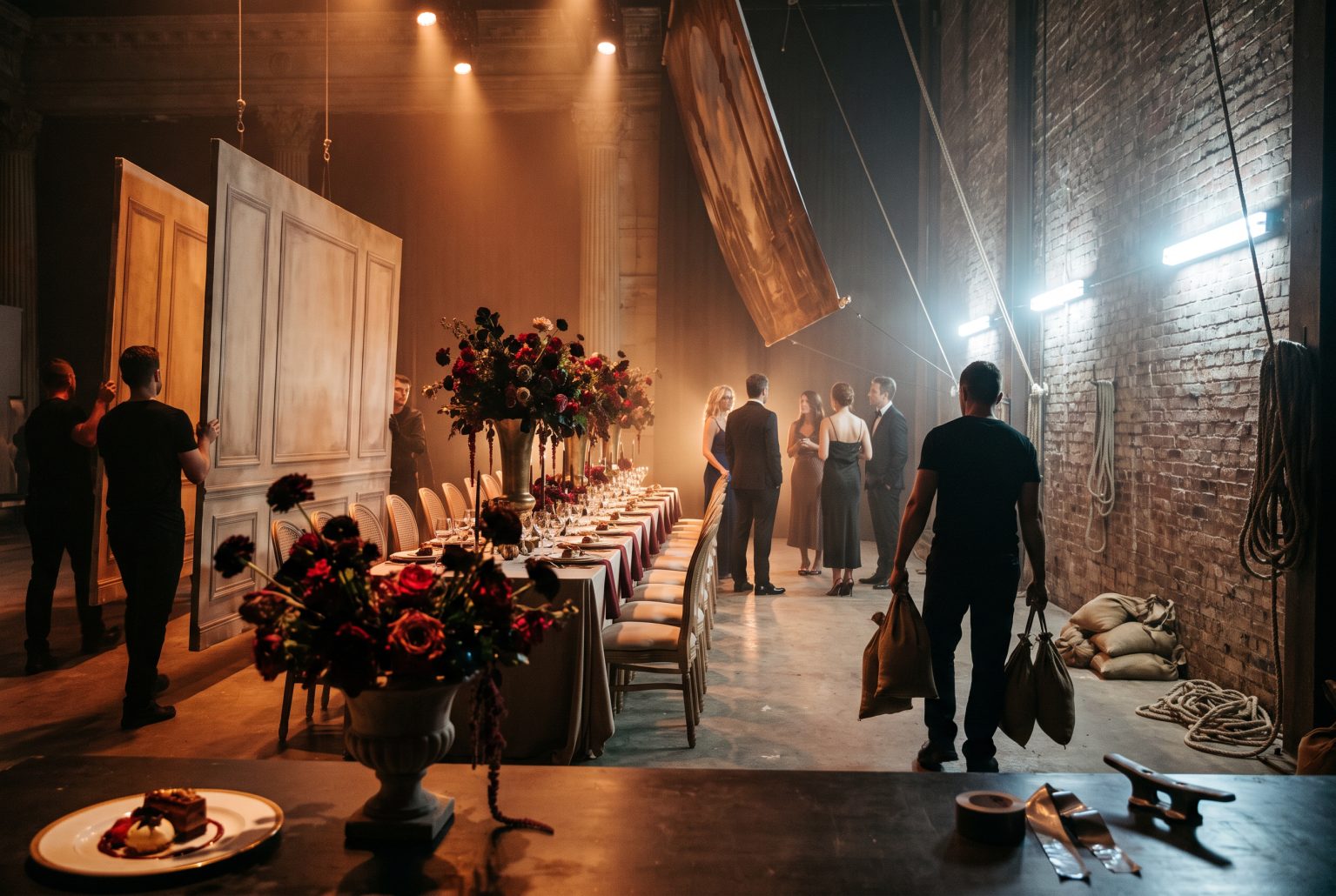 Crew in blacks carry away painted canvas flats as a cloth flies out above the table, revealing bare brick wall and work lights behind an untouched dessert course and scenic urn of dark florals.