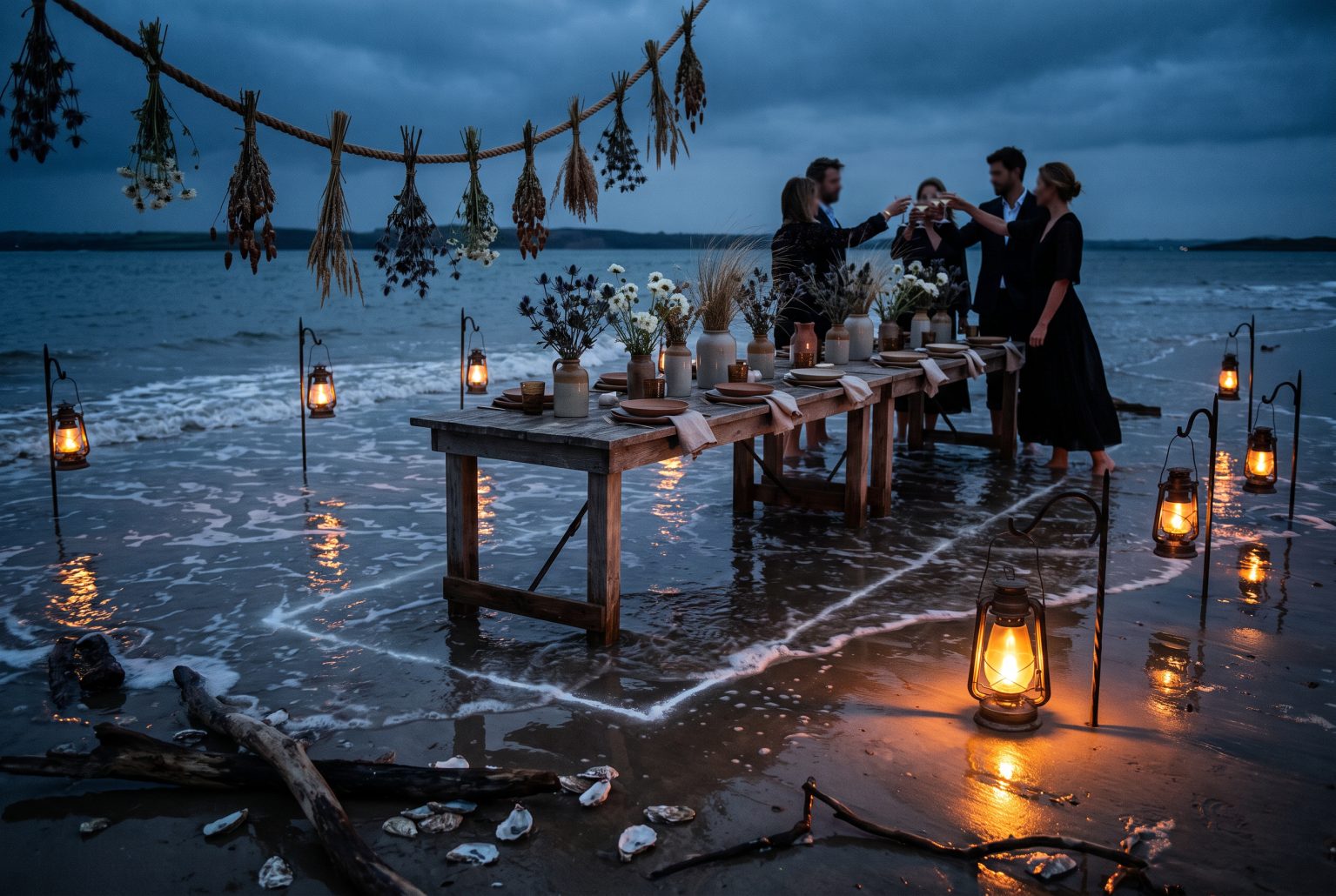 Storm lanterns reflect in the incoming tide as it laps over a chalk boundary line beside a driftwood dinner table dressed with sea holly and marram grass.