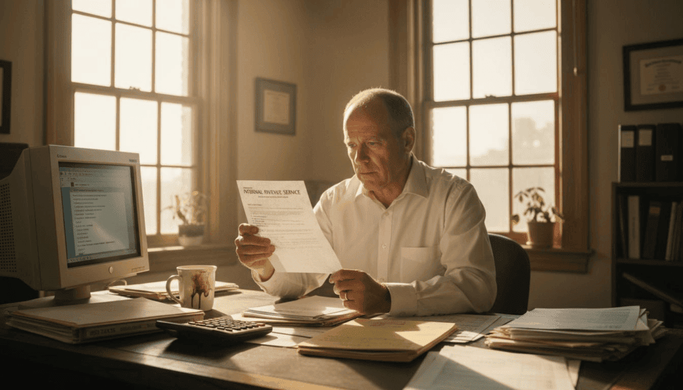 Man reviewing IRS notice at cluttered office desk