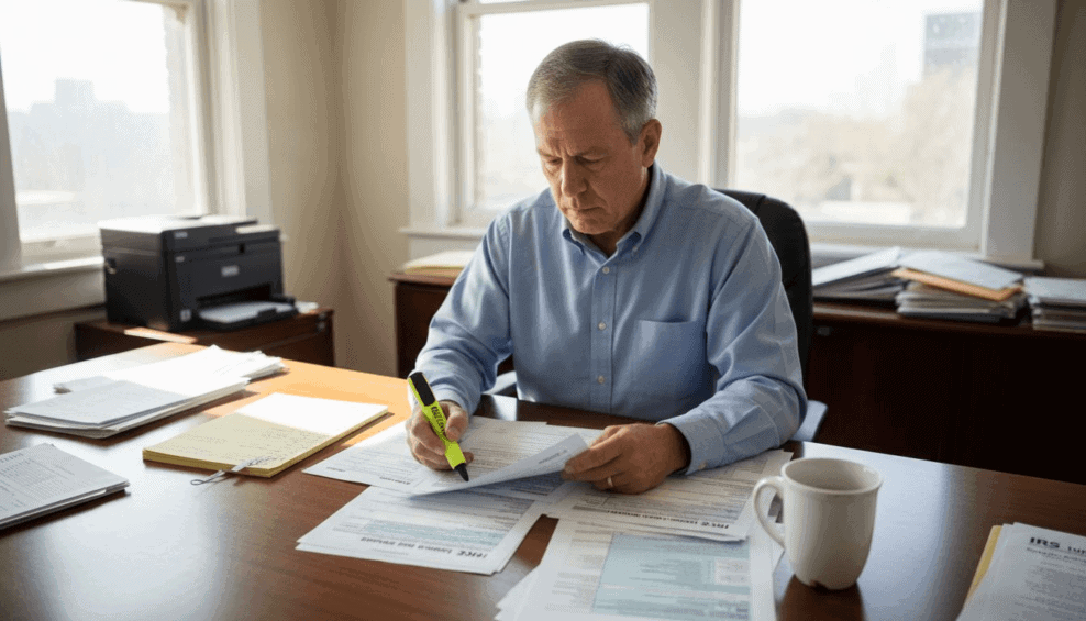 Man sorting IRS appeal documents in office