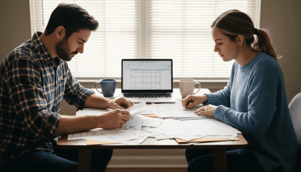 Couple reviewing tax documents at kitchen table
