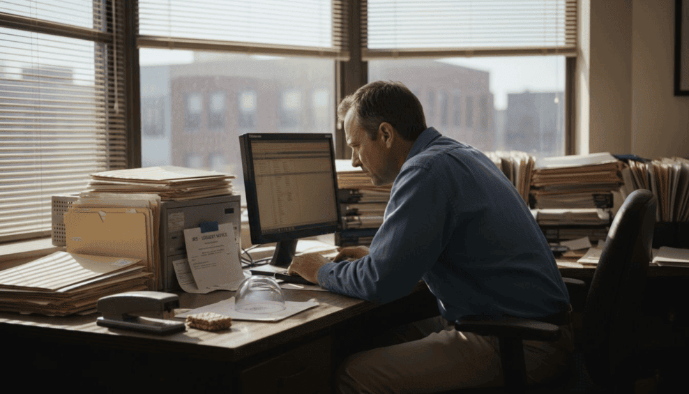 Small business owner sorting audit paperwork