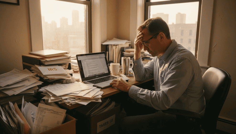 Man stressed over IRS paperwork at desk