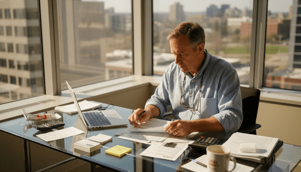 Small business owner reviewing tax paperwork at desk