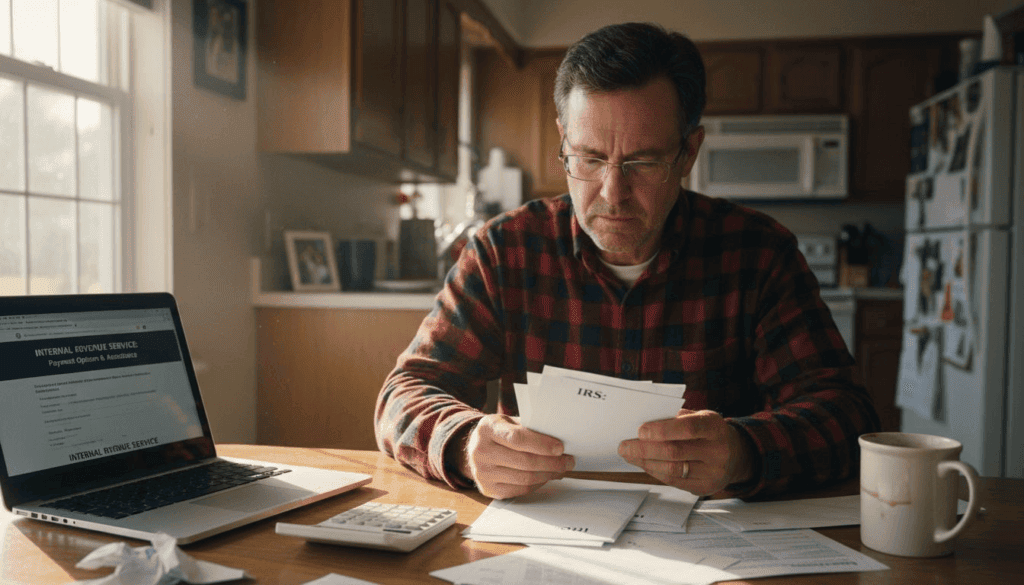 Taxpayer reviewing IRS penalty letters at kitchen table