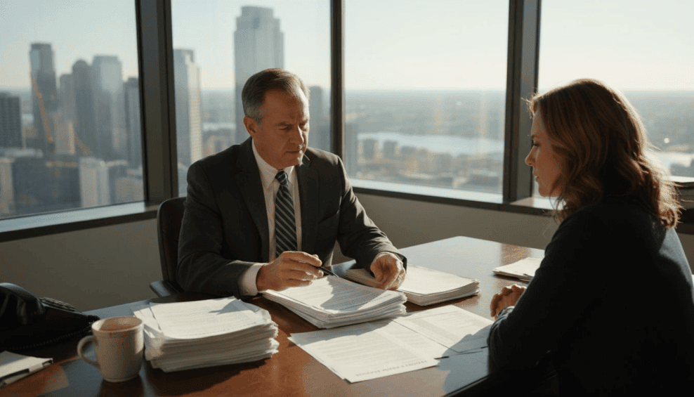 Tax advisor and client reviewing IRS documents