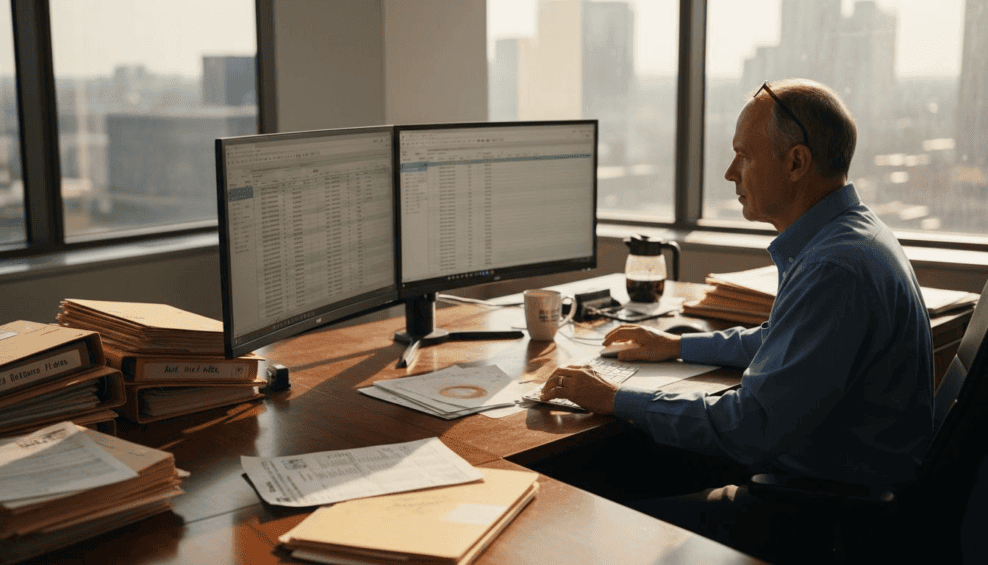 CPA reviewing tax forms at desk