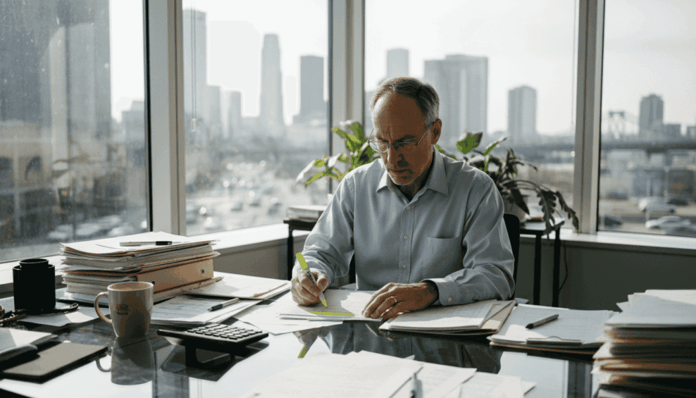 Tax advisor reviewing documents in city office