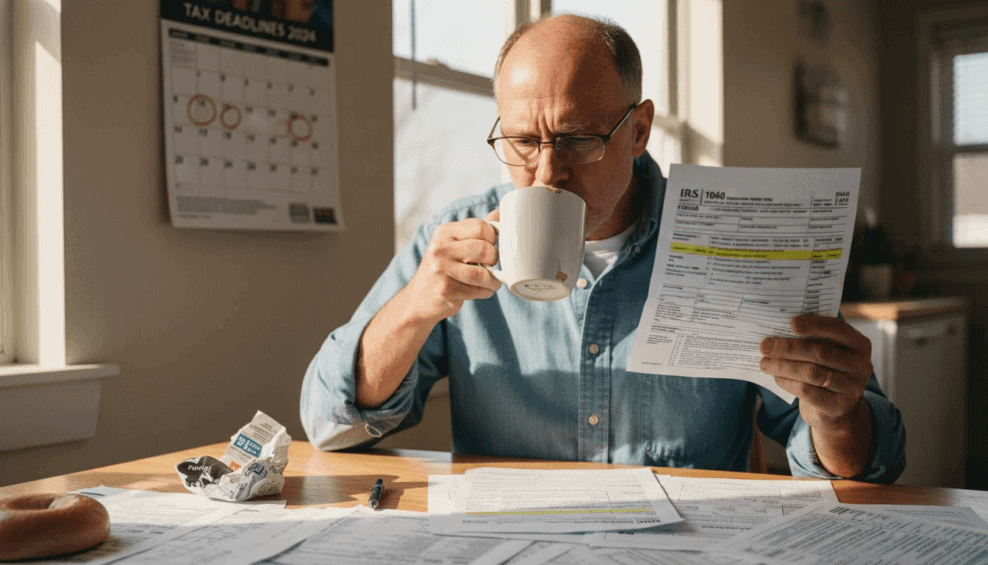 Man reviewing IRS debt documents at kitchen table