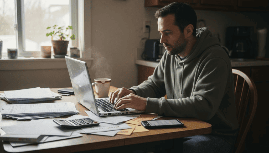 Man filing taxes at home kitchen table
