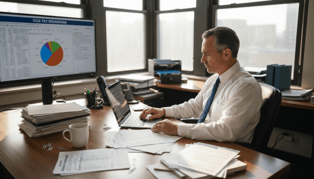 CPA reviewing tax documents in office