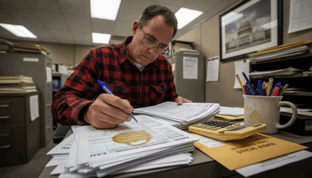 Man reviewing IRS tax forms in office